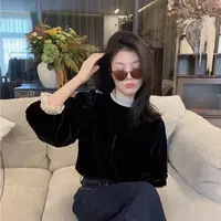 【悦悦专属】法式蕾丝花边别致显瘦长袖丝绒上衣Y990