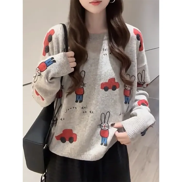 秋冬新款兔子图案减龄长袖圆领针织衫女慵懒风百搭套头毛衣上衣潮