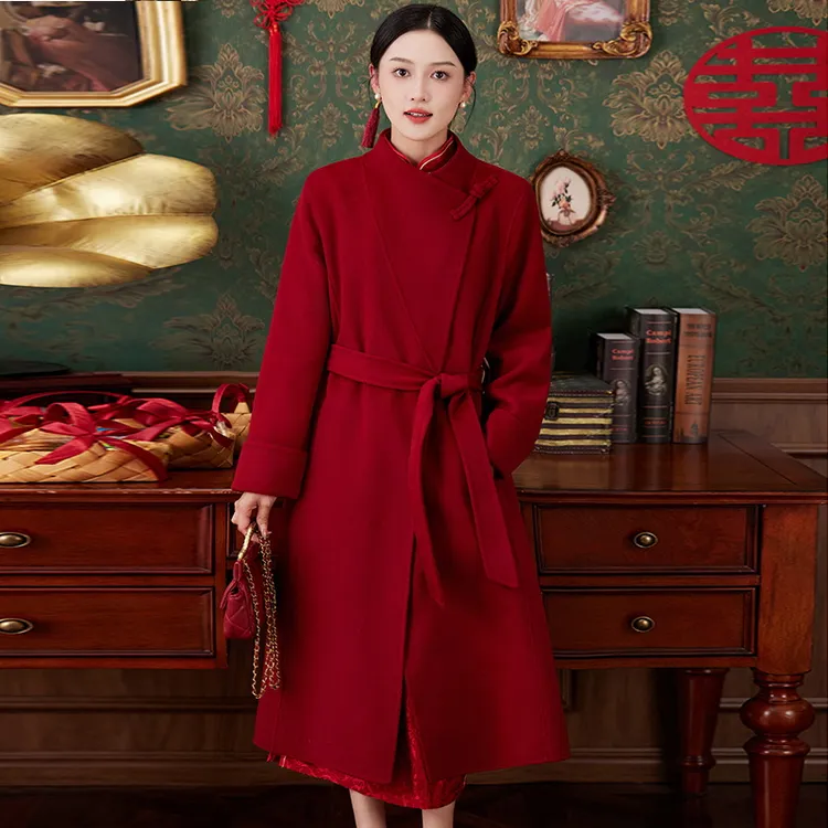 新中式国风盘扣红色双面羊绒大衣女中长款秋冬高级感大牌毛呢外套