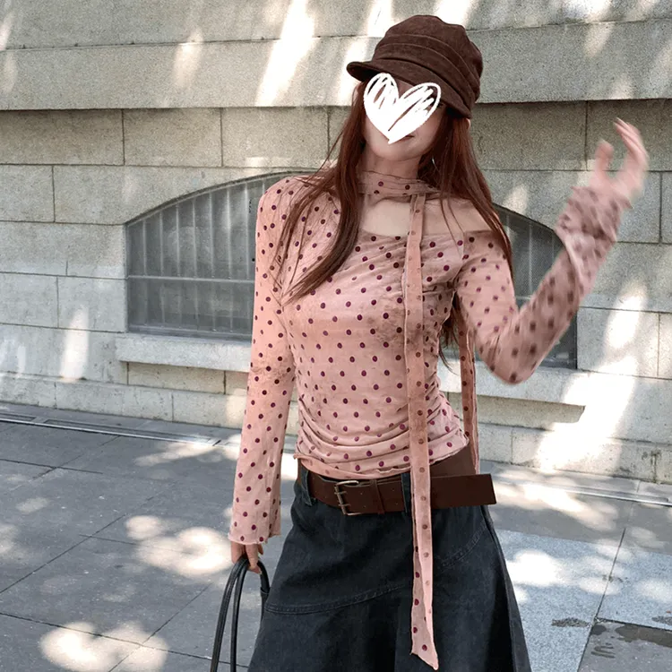 2025新款早秋韩系纯欲风波点网纱斜肩长袖t恤女修身绝美绑带上衣