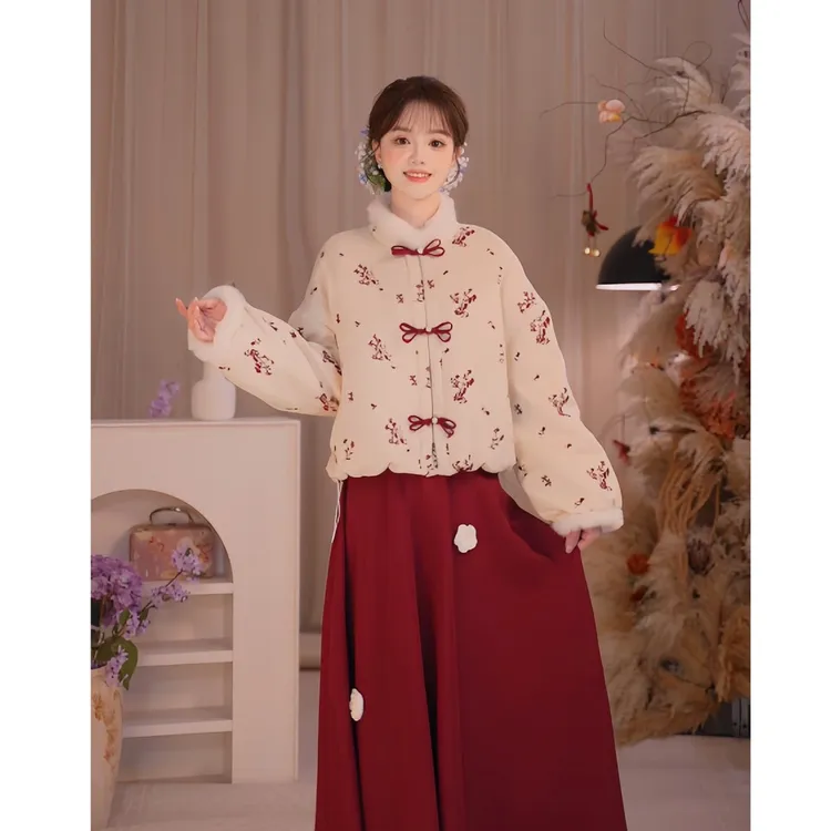 现货【红枝暮雪】枝盘扣立体外套女冬季新款加绒半裙时尚套装两件套