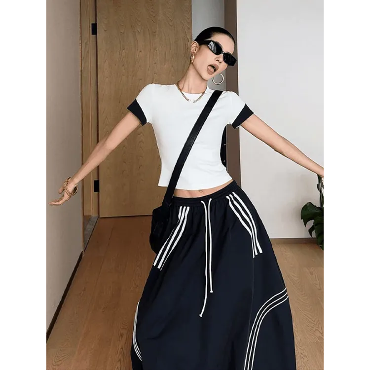 2025夏季韩系白色修身显瘦短袖T恤上衣女高腰抽绳半身裙套装