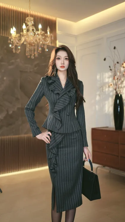  罗曼定制 高定原创设计灰色时尚气质高级条纹上衣女+包臀裙套装