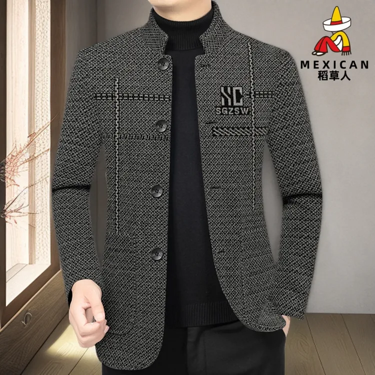 稻草人秋冬季新款中年爸爸中山装外套男士加绒加厚中高档潮牌男装