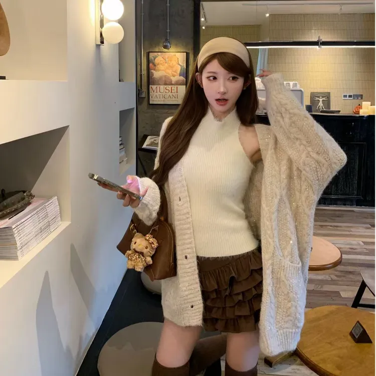 高领针织背心女装毛衣开衫外套女秋冬时尚套装包臀半身裙子三件套