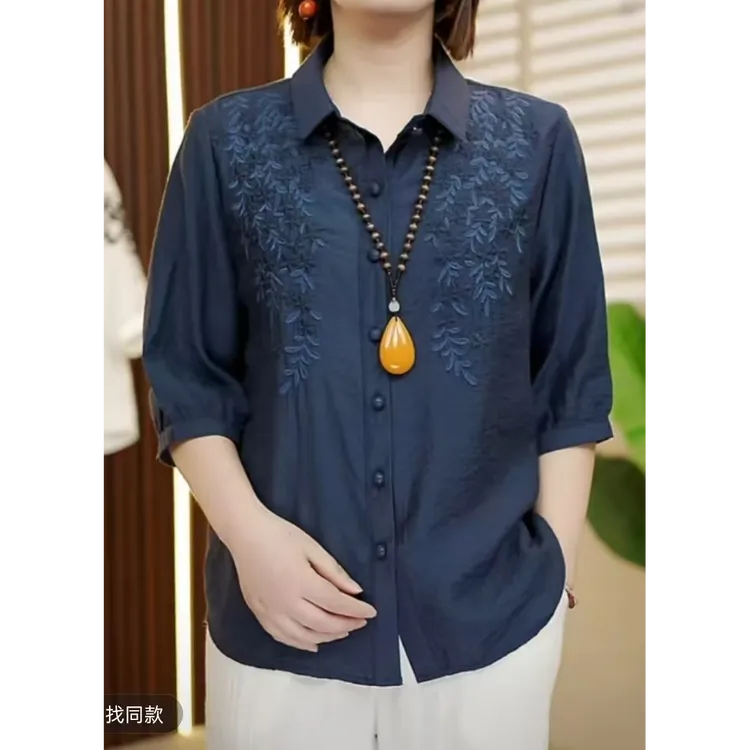 2025年新款夏季新款牡丹刺绣开衫衬衣遮肉显瘦气质百搭妈妈装