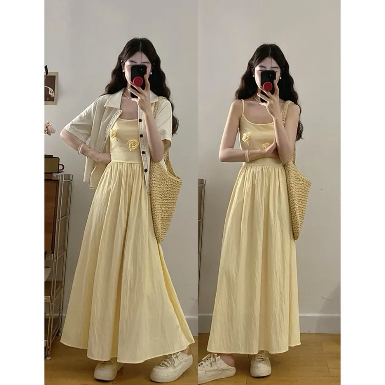 大码夏季新款薄款洋气上衣显瘦碎花吊带连衣裙度假长裙洋气穿搭