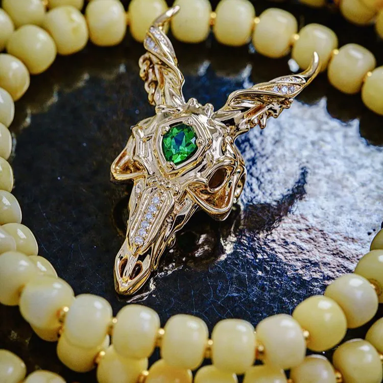 金色绿锆石羊头三通一体文玩配饰金色星月菩提子百香籽diy配件