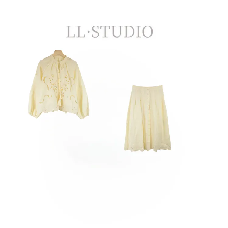 妙兮·LL夏季新款洋气显瘦刺绣镂空衬衫+中长裙套装*20250611