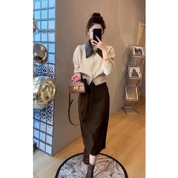 洋气时尚设计感拼接双拉链针织开衫女2025年秋季新款短款毛衣外套