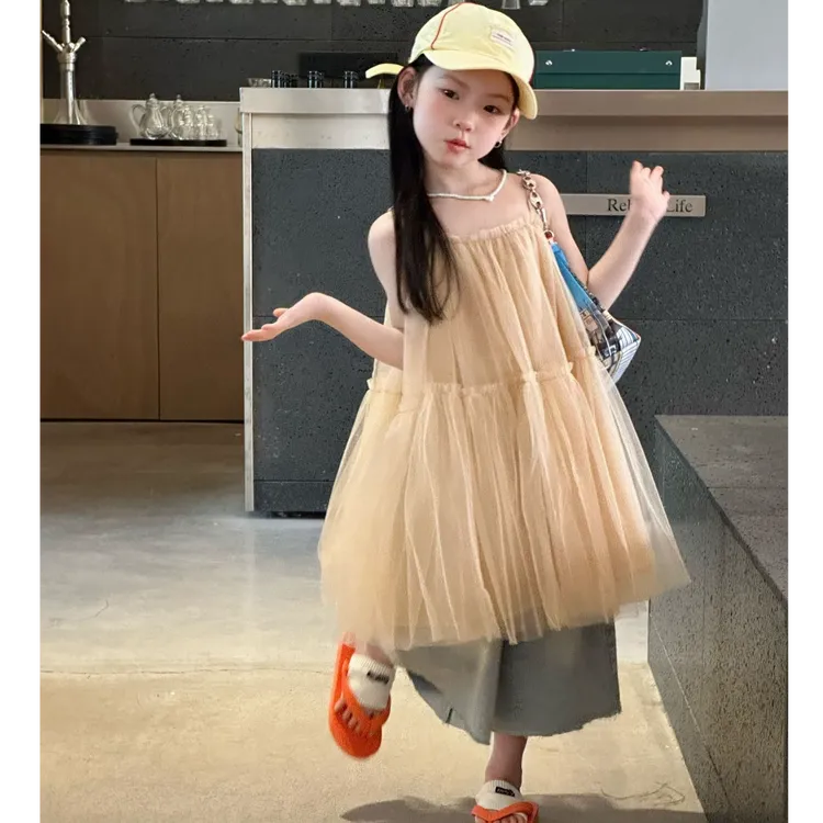 2025夏季新款韩版女童套装甜美森系纯色公主风吊带纱裙阔腿牛仔裤