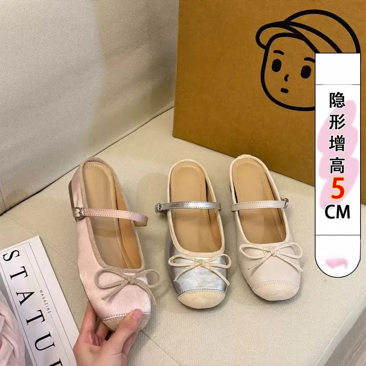 内增高5CM平底小香风包头半拖鞋女2025新款百搭蝴蝶结小凉拖外穿