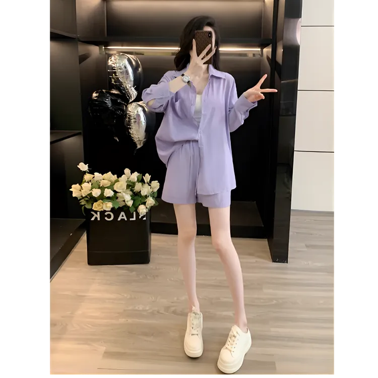 紫色韩系超火休闲套装女夏季2025新款减龄防晒长袖衬衫短裤两件套