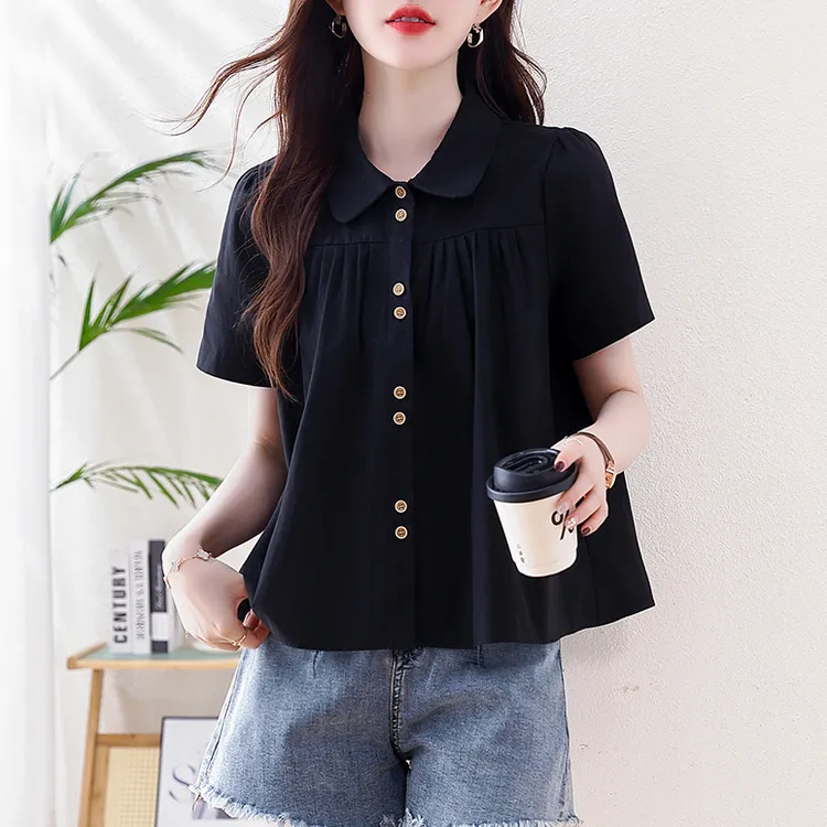 洋气减龄娃娃领短袖衬衫女士夏季上衣2025新款宽松遮肚显瘦娃娃衫