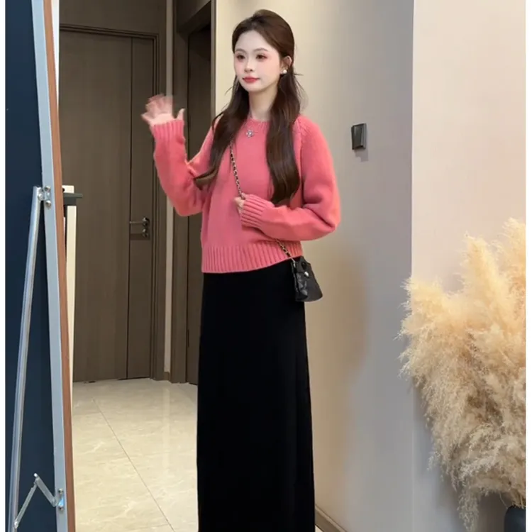 超显白落日橘色圆领套头毛衣女秋冬韩系小个子短款针织打底衫加厚