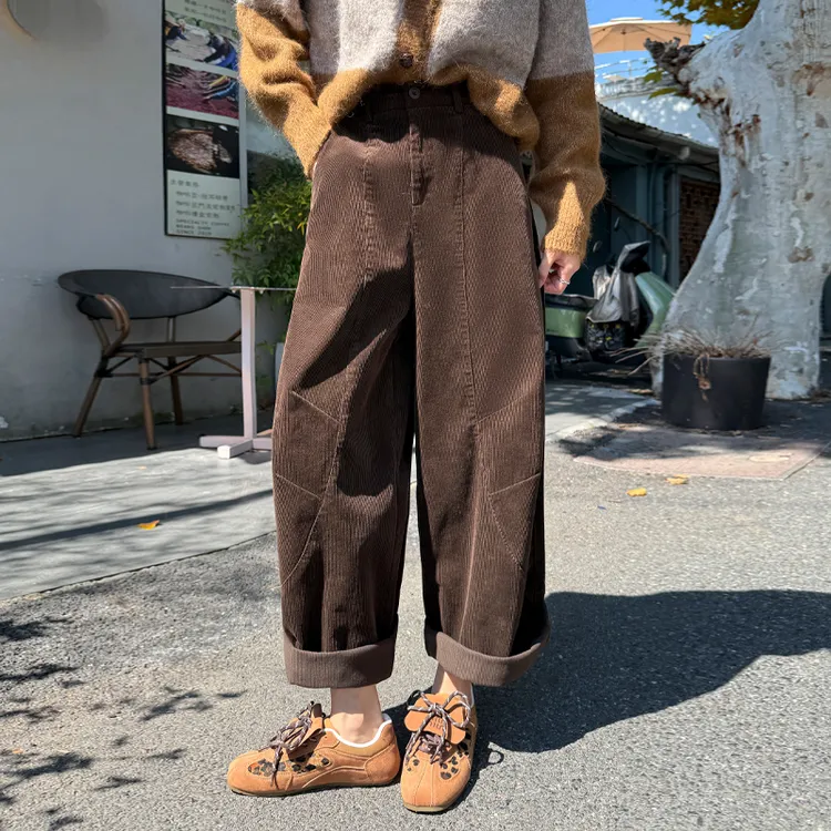 灯芯绒弯刀裤九分女咖色秋冬款镰刀纯棉高腰亲肤翻边阔腿香蕉裤子