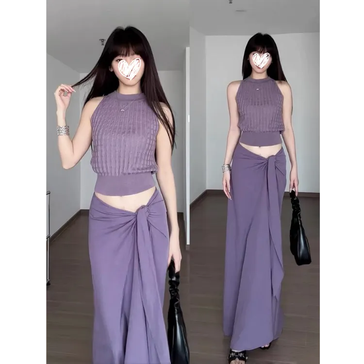2025春夏季薄款毛衣短款半高领背心紫罗兰无袖上衣裙子两件套
