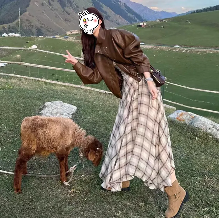 复古时尚百搭套装2025春秋新款女装皮衣外套+半身裙气质两件套