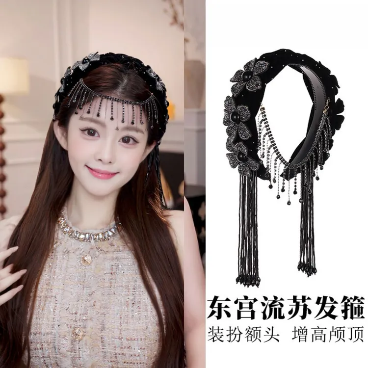 东宫发箍宽边遮发缝立体花朵编织丝绒发饰流苏闪钻异域风情压头箍
