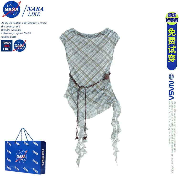 NASA不规则飘带辣妹上衣女夏季韩系复古撞色格纹斜肩收腰短袖t恤