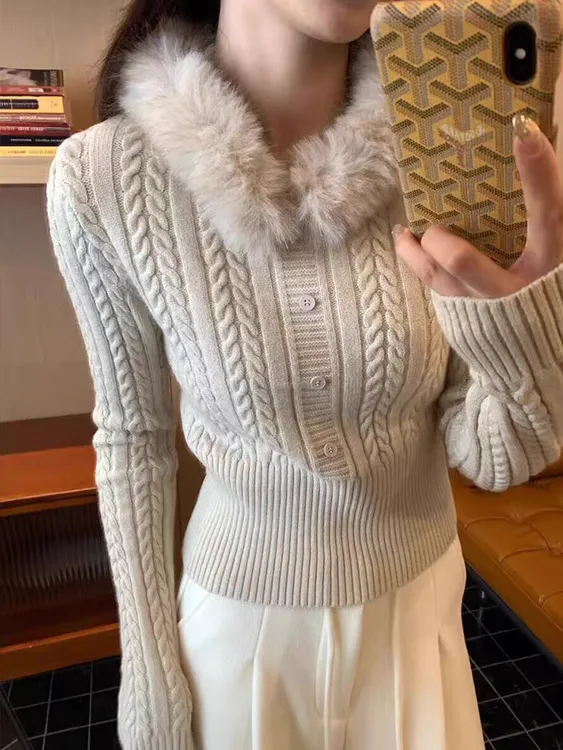 可拆卸毛领麻花毛衣女秋冬季新款长袖上衣复古收腰显瘦针织打底衫