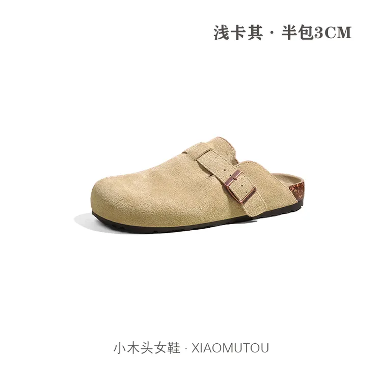 牛皮一脚蹬真皮鞋扣带休闲勃肯拖鞋女半拖软木底外穿半包