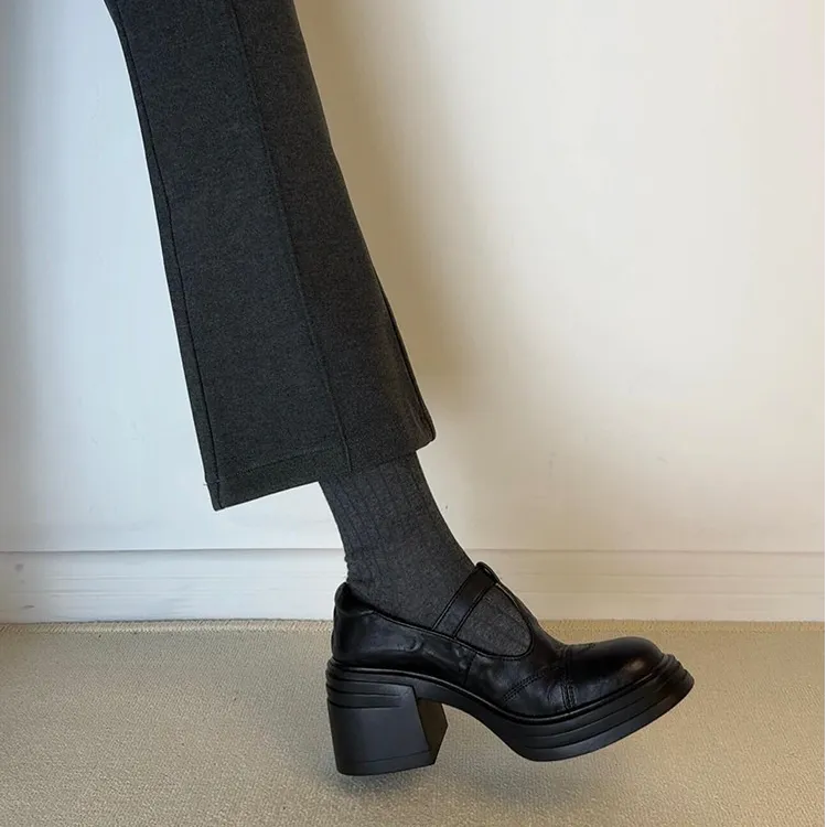 羊皮版！法式圆头厚底高跟玛丽珍鞋女粗跟浅口增高小皮鞋复古单鞋