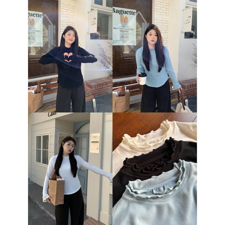 裂渡宣宣【降温搭档】双层木耳边上衣女冬百搭显瘦打底衫ZY512A18