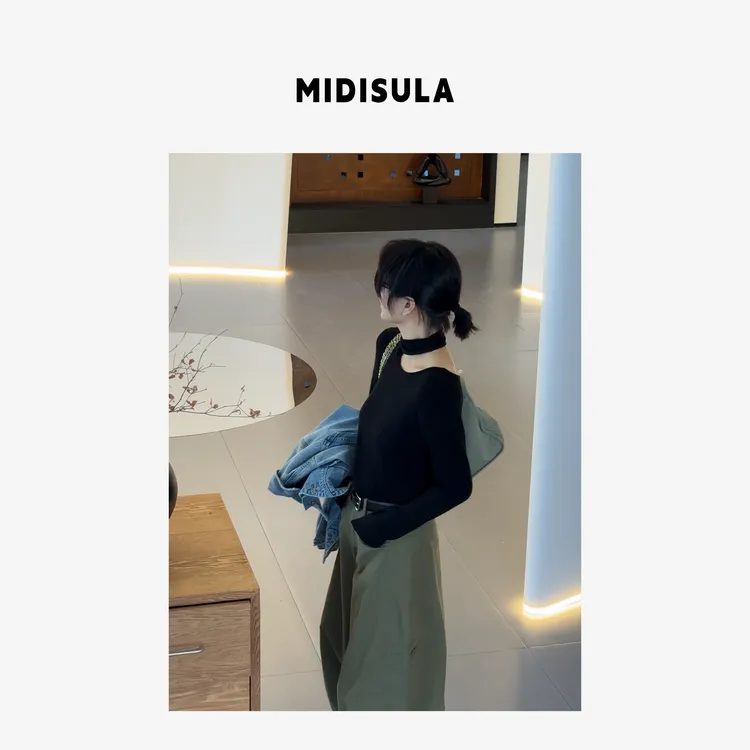 MDSL·高级感镂空内搭旁边褶皱中领漏肩T恤01716