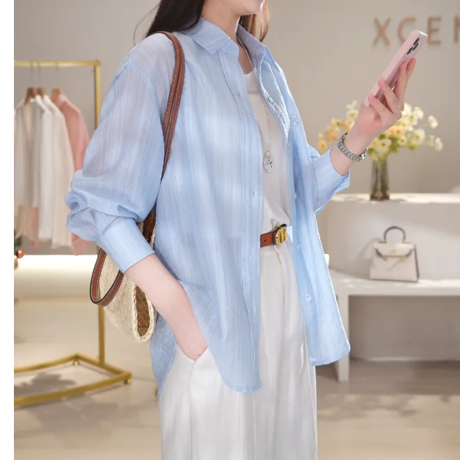 莱塞尔防晒衬衫夏季时尚慵懒风通勤风刺绣衬衣DY0A250419