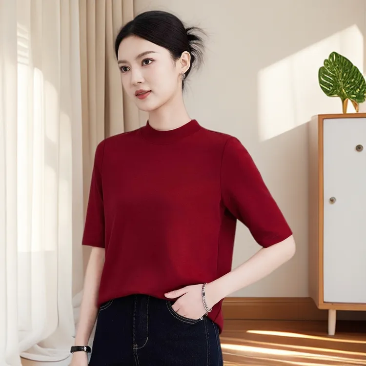 【小立领-五分袖】新品女士小半高领微宽松短袖显瘦纯色T恤打底衫