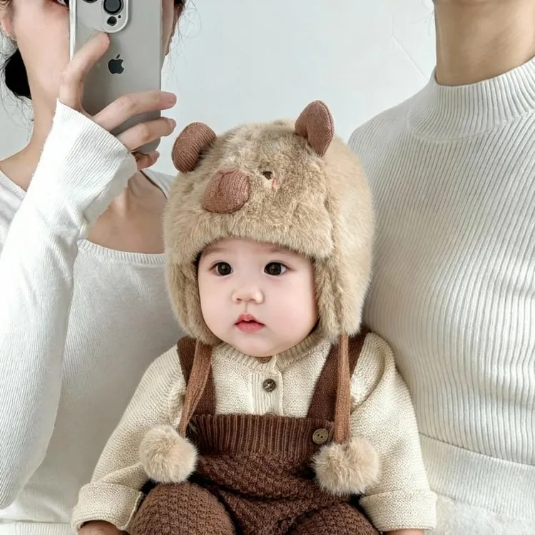 宝宝毛绒帽子冬季加厚护耳帽男童防寒保暖帽卡皮巴拉女童套头帽冬
