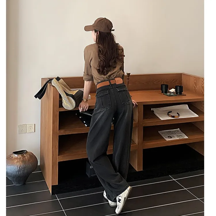 秋冬新款加绒黑灰牛仔裤女窄版弯刀阔腿裤爆款休闲通勤裤子2502