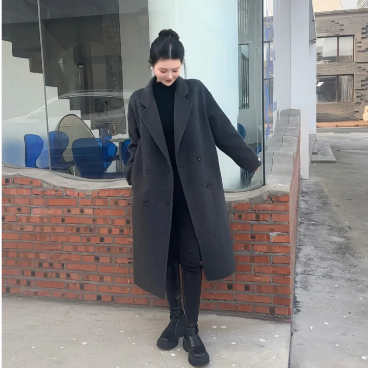 【绒间慢絮】100%初剪羊毛双面羊毛中长款大衣小个子经典四粒扣外套