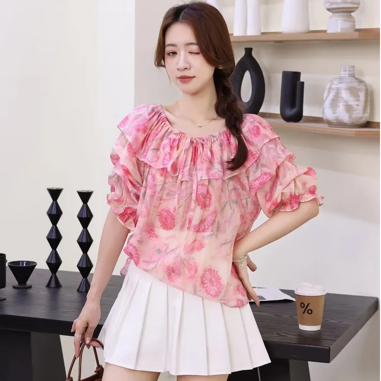 女款夏季新款法式设计感甜美一字肩衬衫短袖荷叶边露肩气质上衣