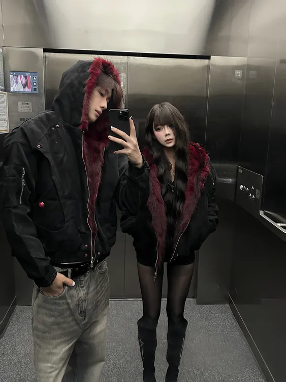 红毛麂皮绒座山雕暗黑短款宽松加厚毛领连帽棉服男士外套秋冬款潮