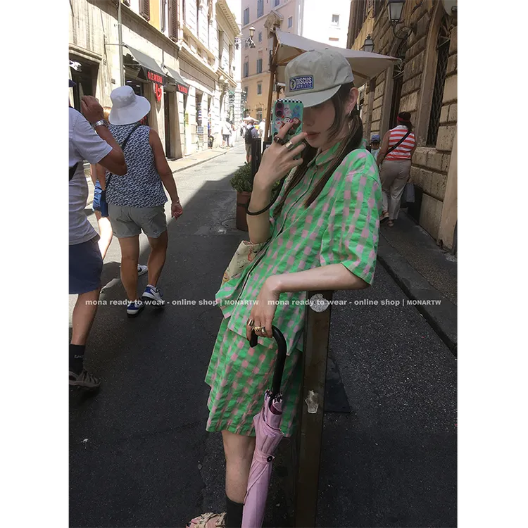 【Mona张绮贤】MONA 100棉 格纹衬衫 中腰短裤女 O125A03500