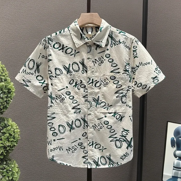 轻奢潮牌印花短袖衬衫夏季男士时尚潮流百搭休闲青年宽松衬衣男装
