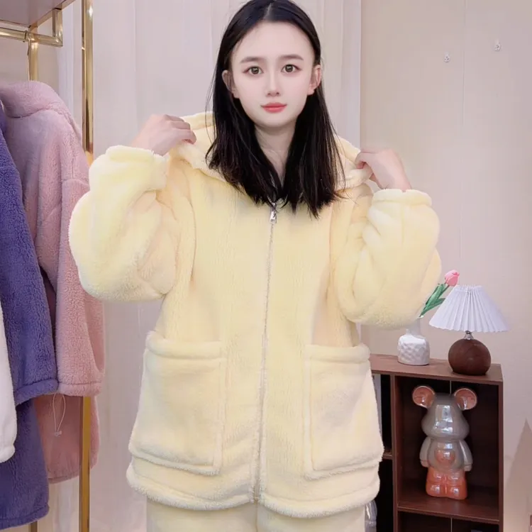 巨保暖】2025冬季复合加绒加厚北极绒连帽韩版宽松外穿套装睡衣