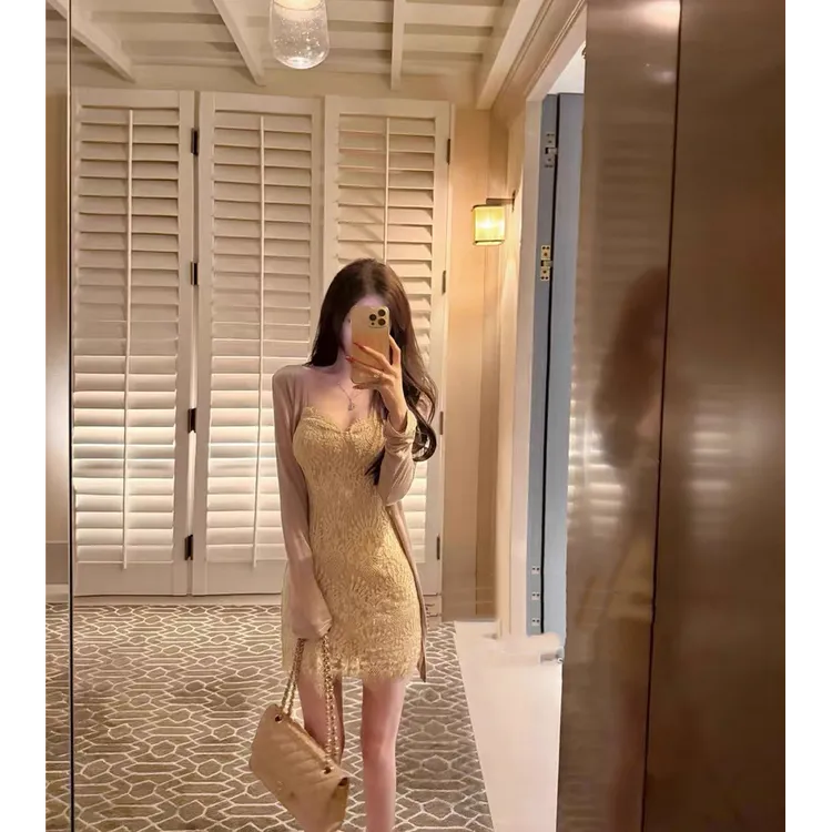 春水映梨花 刺绣蕾丝优雅气质吊带连衣裙女+长袖防晒遮肉显瘦开衫