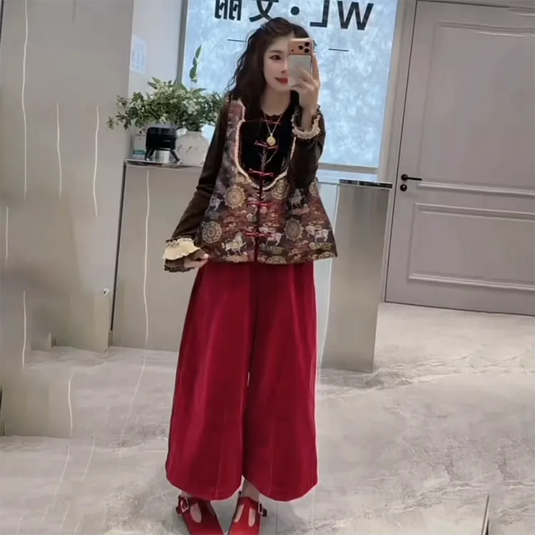 高级感冬季新中式套装禅意风复古提花马甲拜年服条绒灯笼裤三件套