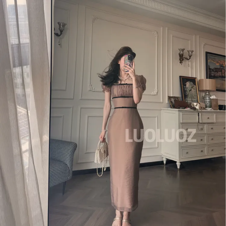 【现货】LUOLUOZ【夏日捕梦】气质绝美收腰方领时尚长款连衣裙JF823