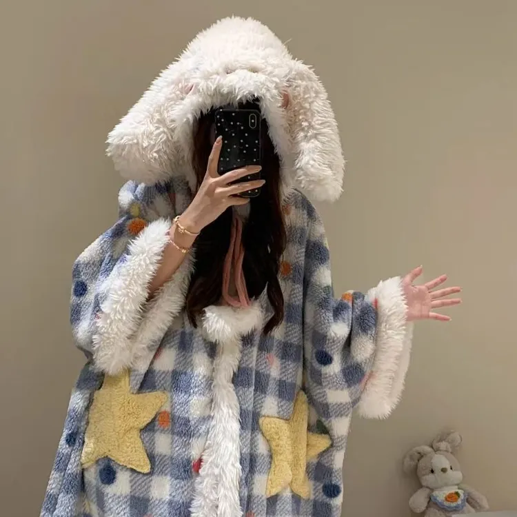 【大耳狗】冬款斗篷带袖子毛绒睡衣加厚睡衣可外穿网红时尚宽松显瘦