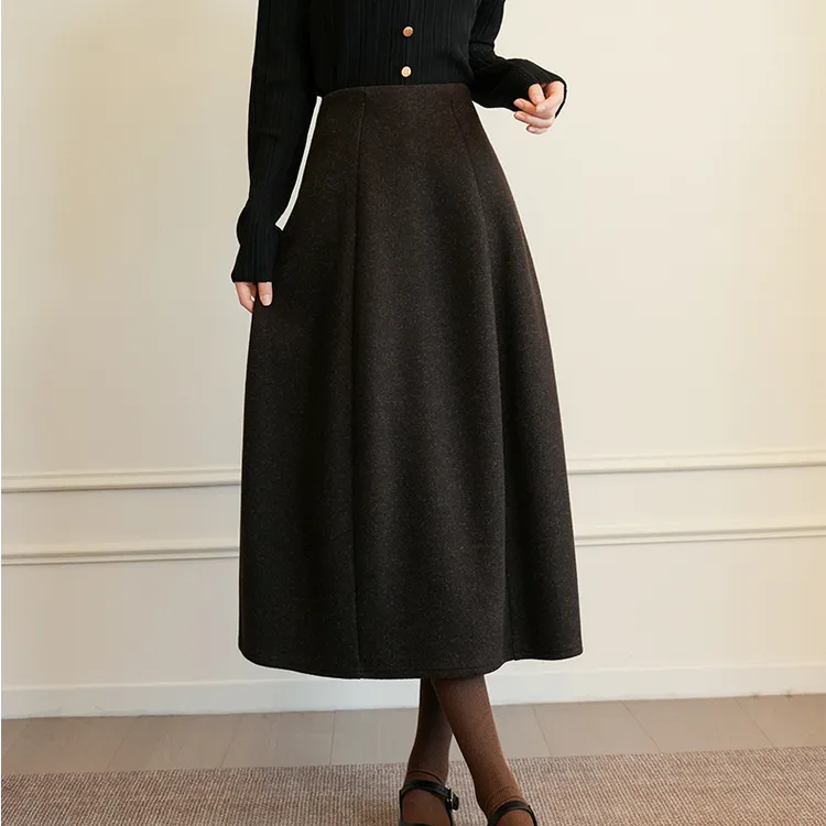 百搭显瘦松紧腰花瓣裙绵羊毛混纺毛呢半身裙