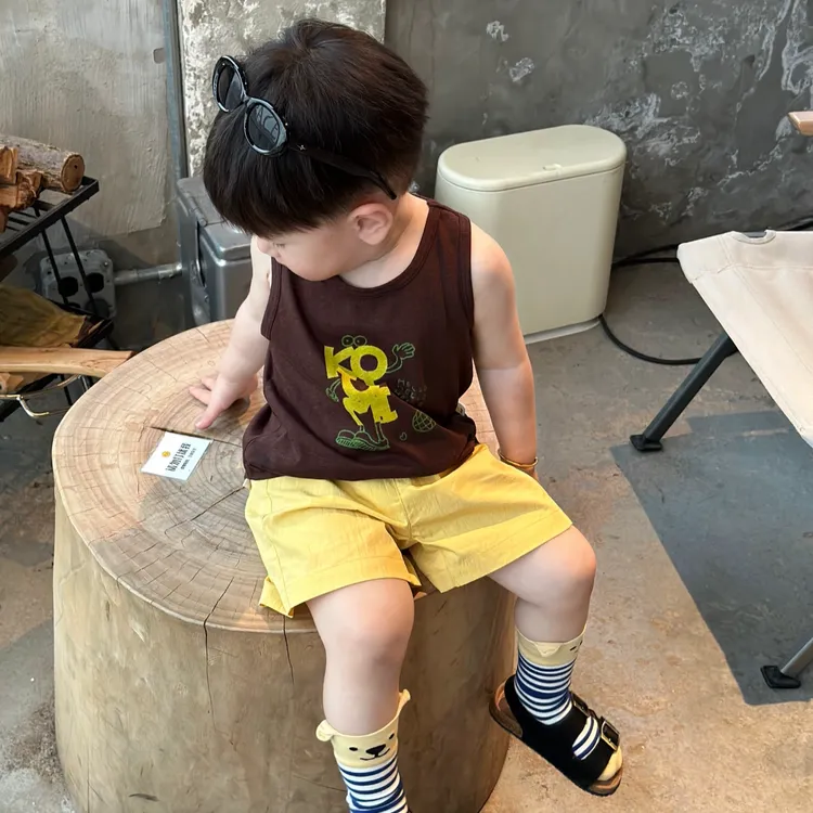 纯棉男童背心套装夏季新款2025韩系中小童儿童洋气t恤短裤两件套