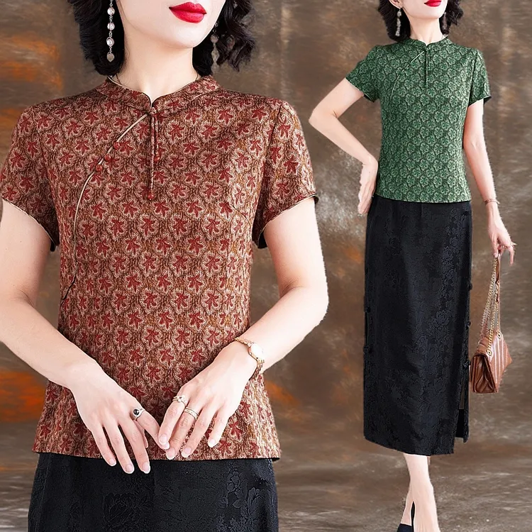 中年妈妈夏装洋气两件套旗袍仿短袖上衣时尚气质母亲节国风女装