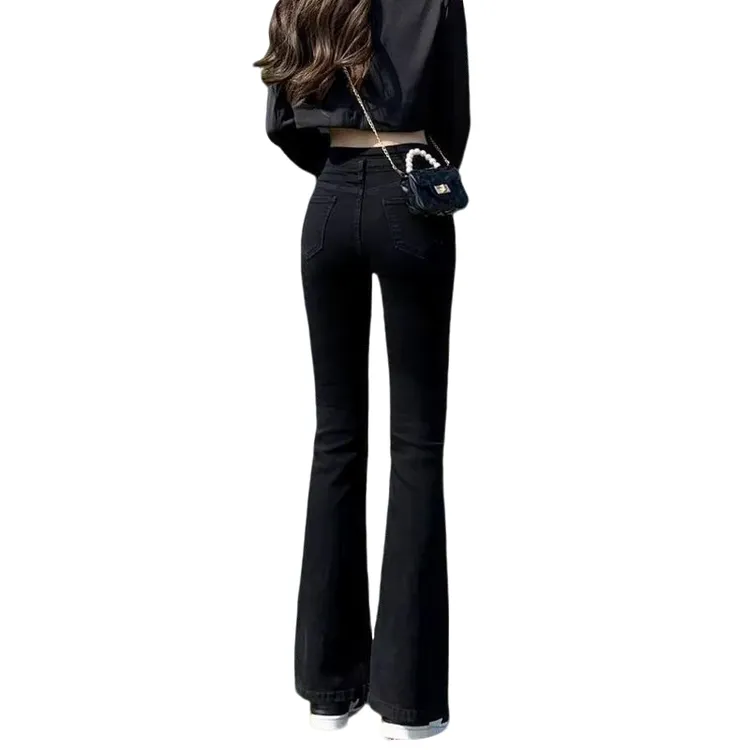黑色微喇叭牛仔裤女2024年秋冬新款高腰显瘦梨型加绒小个子马蹄裤