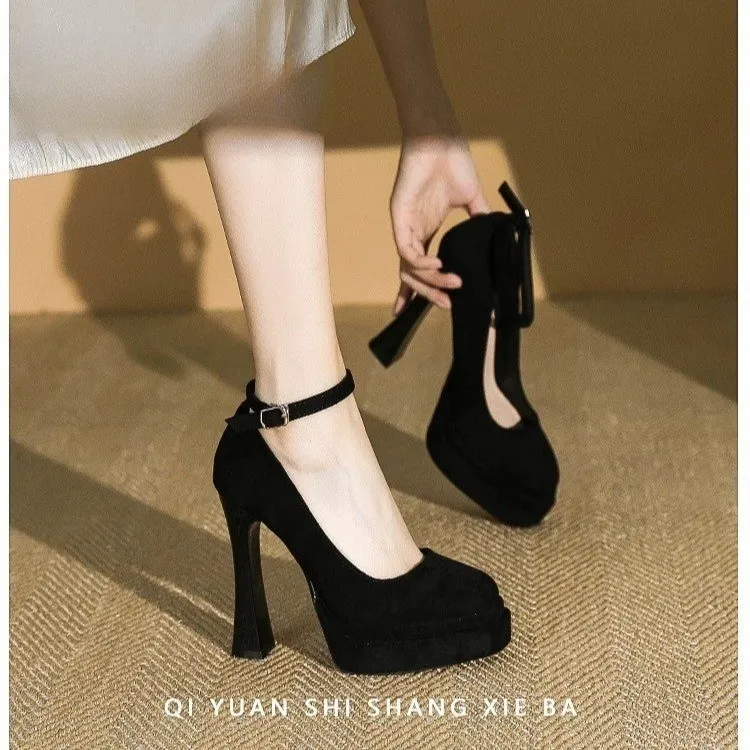 足主流法式绒面性感小个子2025秋季新款黑色防水台恨天高跟鞋粗跟
