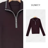JIUNCCY【费城】绵羊毛混纺拉链撞色领坑条修身针织衫 52YZZ150