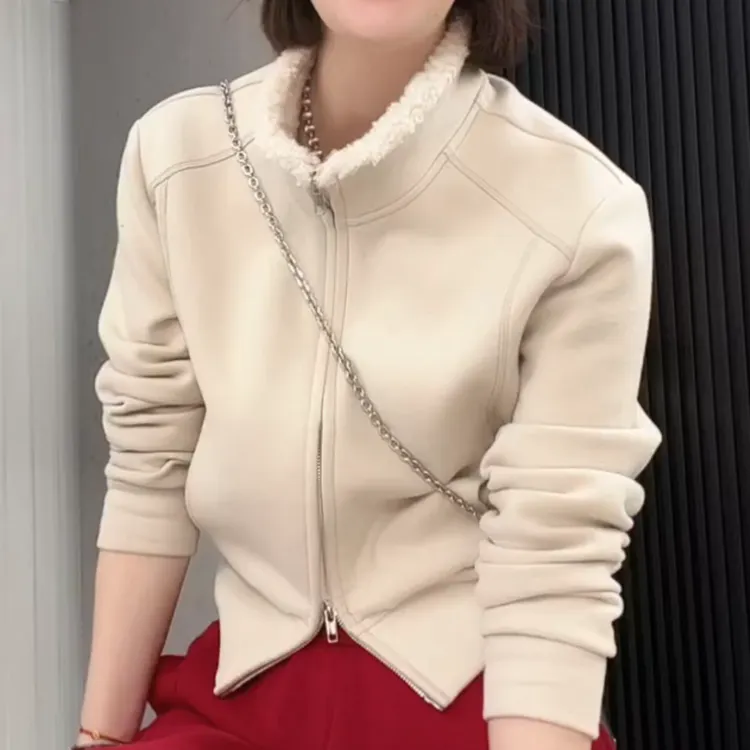 新款洋气百搭保暖短款上衣加厚加绒双拉链立领卫衣LK2508429